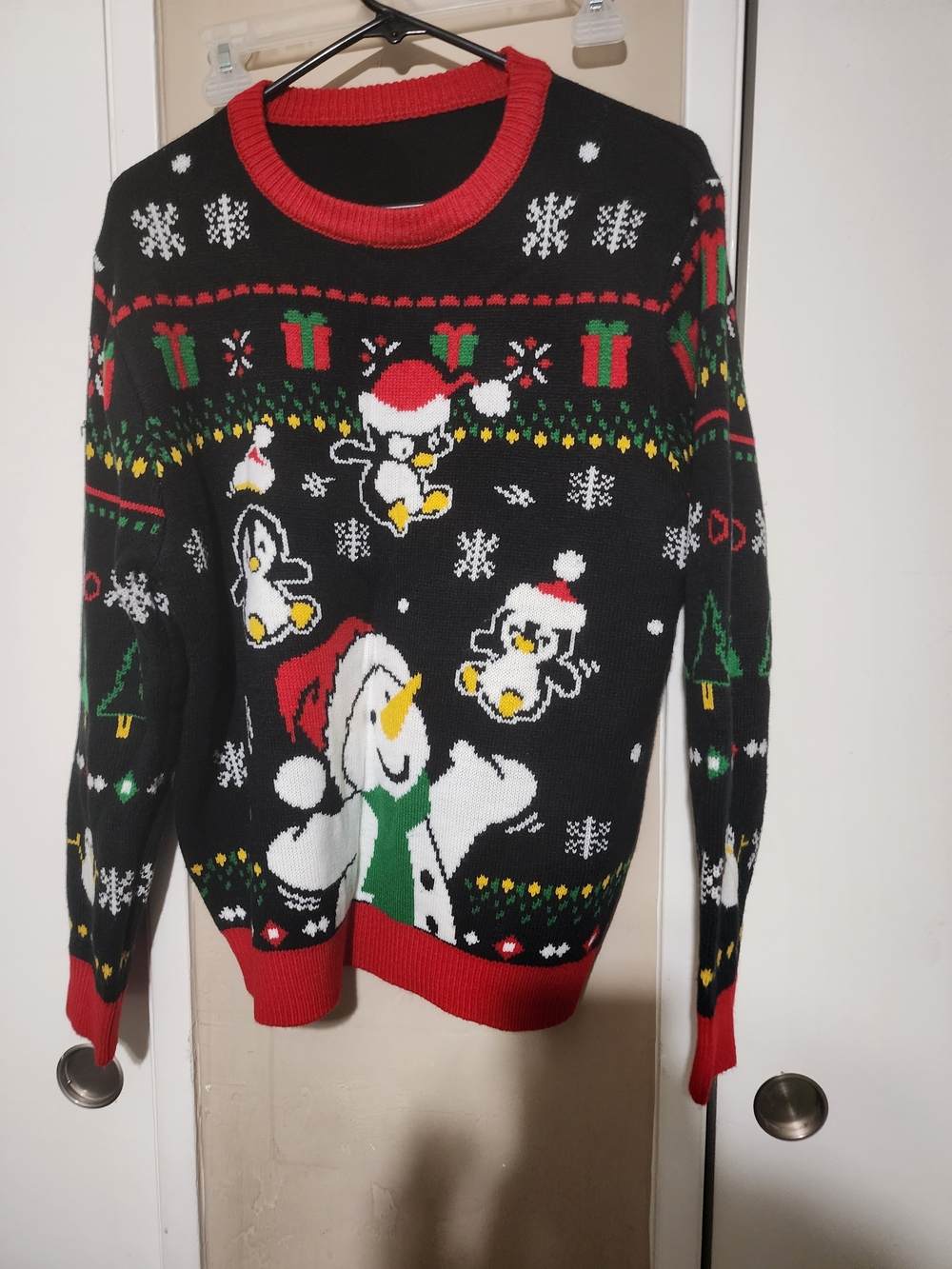 Women’s Black Holiday Snowman & Penguins Knit Sweater
